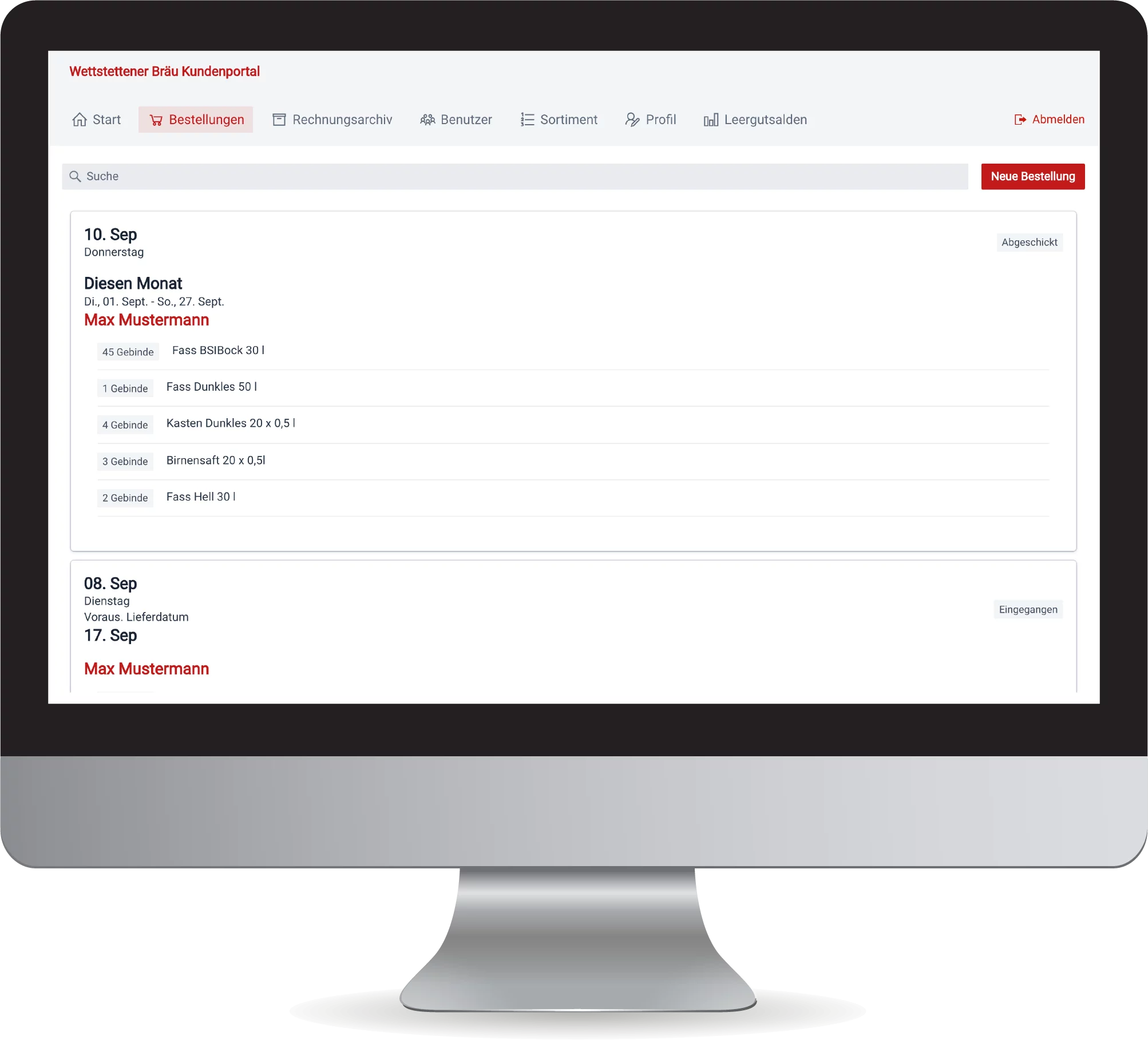 Screenshot – BSI B2B-Portal: Bestellübersicht eines Geschäftskunden