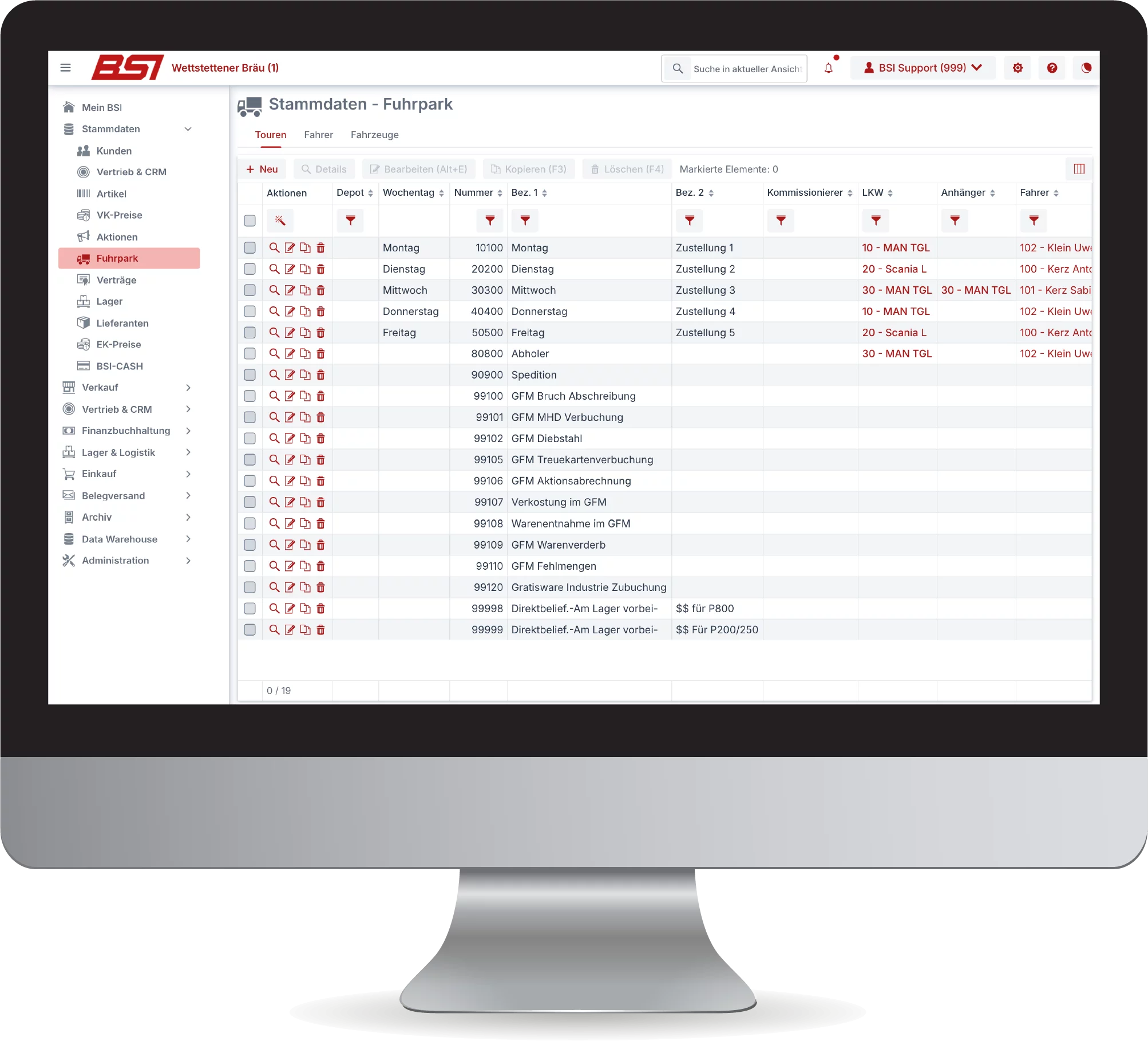 Screenshot – BSI V8 Logistik: Tourenplanung mit Wochentag, Fahrzeug und Fahrer
